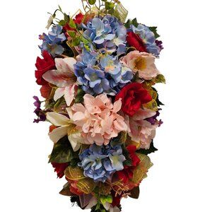 Floral Door Swag, Blue Hydrangea Swag with Pink and Red Flowers, Vertical Floral
